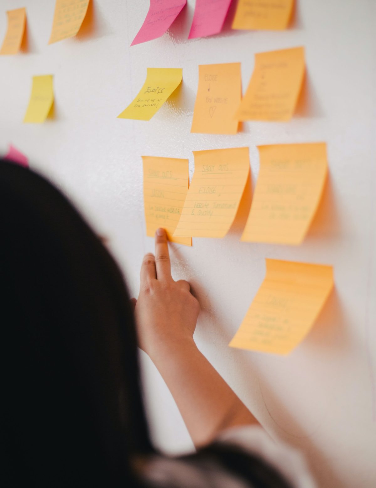 A shot from behind of someone putting post it notes on a wall