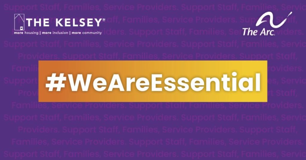 The Kelsey logo on a purple background with #WeAreEssential in white letter on yellow background. The Arc logo on top right.