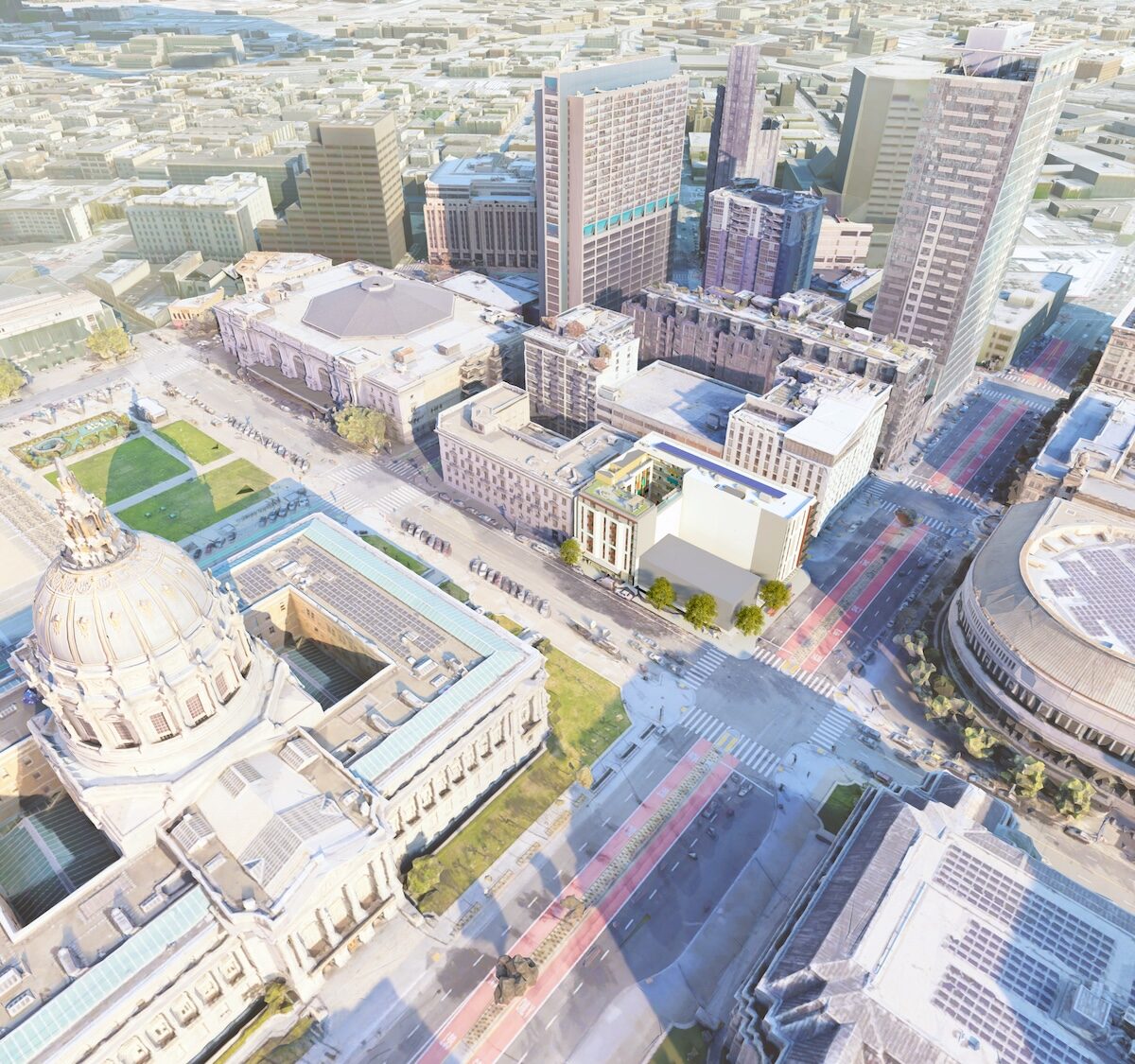 An aerial view of downtown San Francisco, including City Hall, and the site of the site of The Kelsey Civic Center