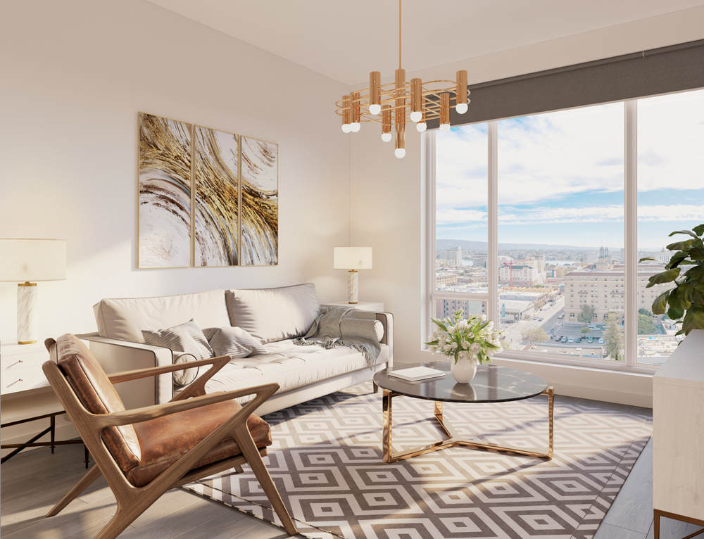 A living room showing wall of glass windows overlooking downtown Oakland. There is a small sofa and chair with two side tables, a round coffee table, pattern rug, artwork behind sofa and bronze light fixture. Muted color palette with warm natural light coming through.