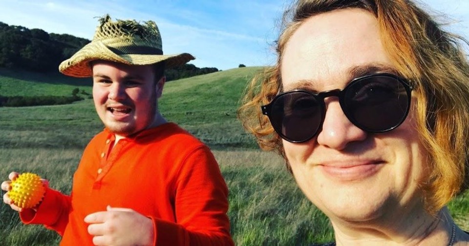 Shannon wearing sunglasses outdoors, smiling at camera, with her son, Leo outdoors wearing an orange shirt with hat.