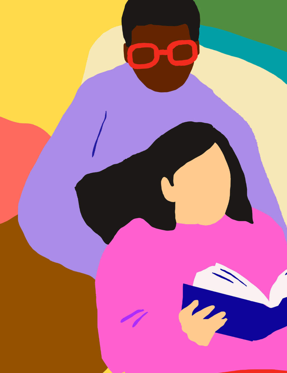A colorful illustration of two people, one of whom is reading