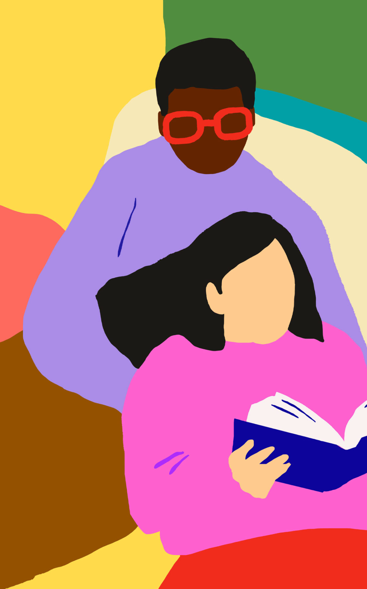 A colorful illustration of two people, one of whom is reading