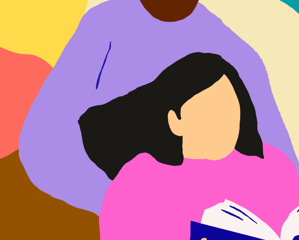 A colorful illustration of two people, one of whom is reading
