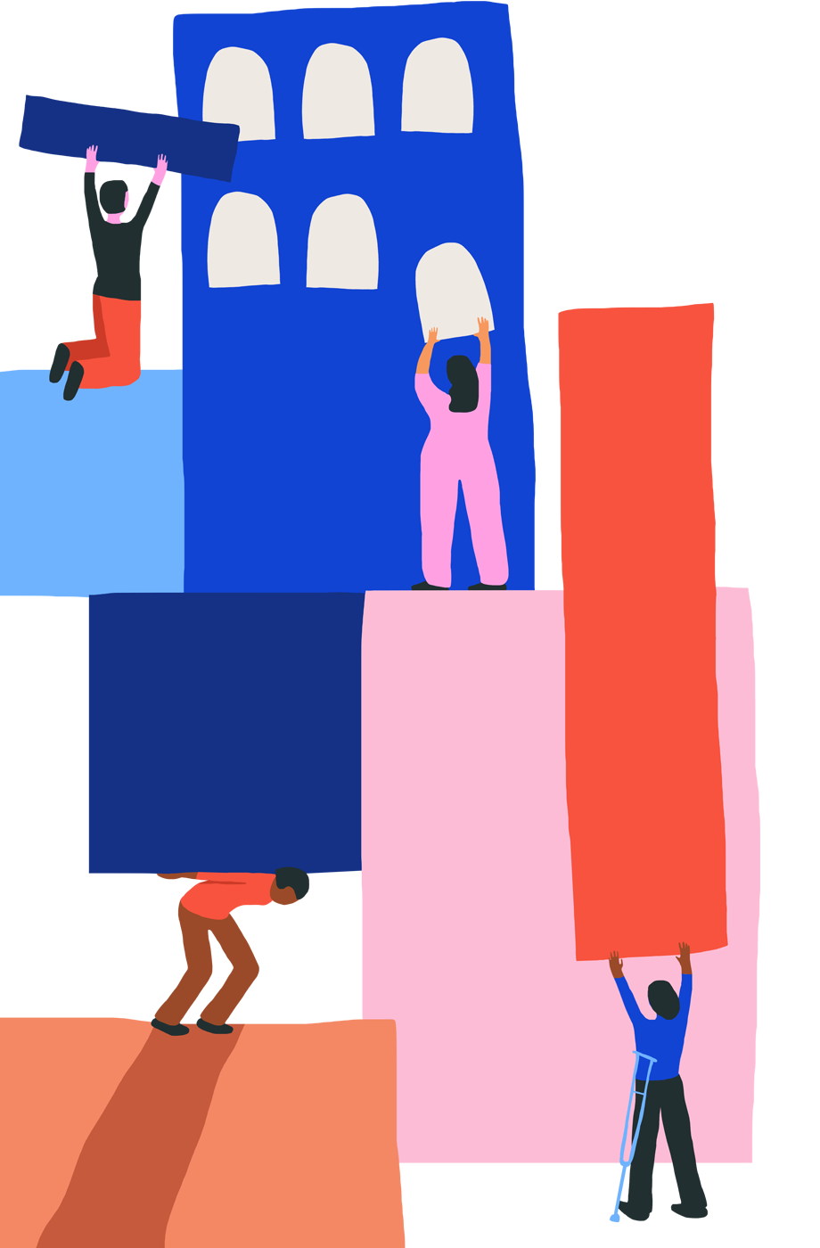 Colorful illustration of people holding up building blocks