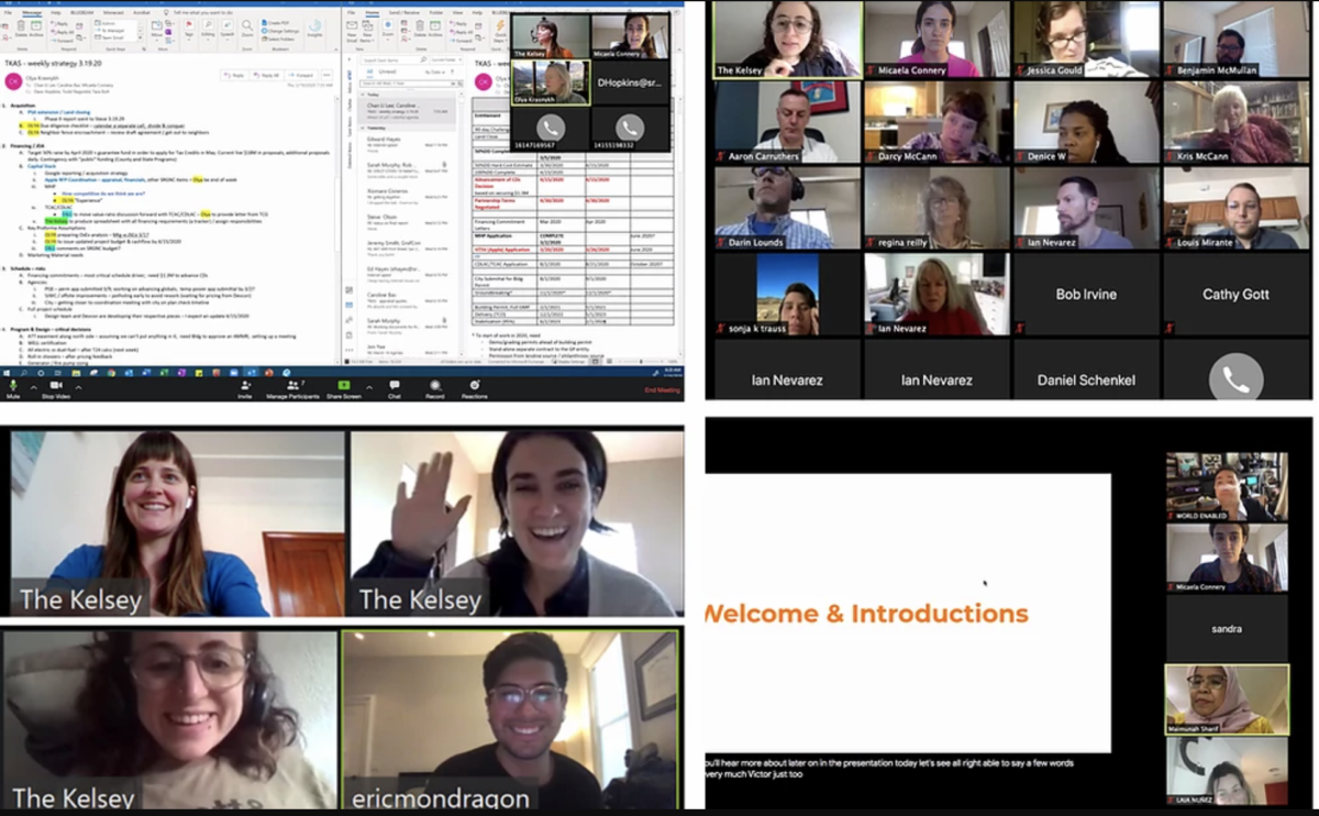 Images of four screenshots. One is a spreadsheet, one is a photo of a bunch of people on a zoom meeting, one is a screenshot of four staff members of The Kelsey, and one is a shot of a screen with the text "Welcome and Introductions."