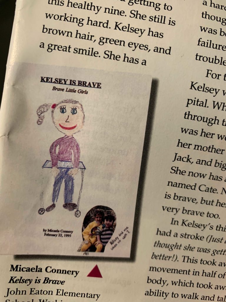 Drawing by 9 year old Micaela of Kelsey and picture of Micaela on bottom left. Magazine clipping shows sketch followed by story. 