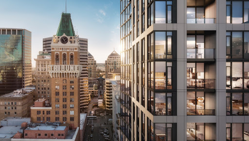 View of downtown Oakland Skyline with Atlas in the forefront.