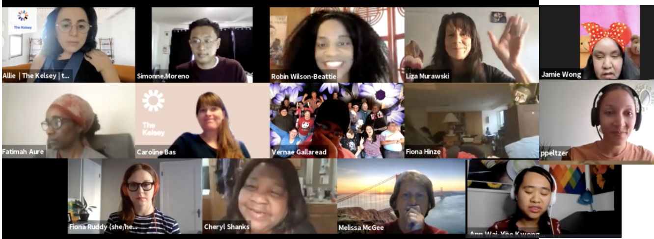 A screenshot of many different faces on a zoom meeting, they include people of multiple races and with and without disabilities.