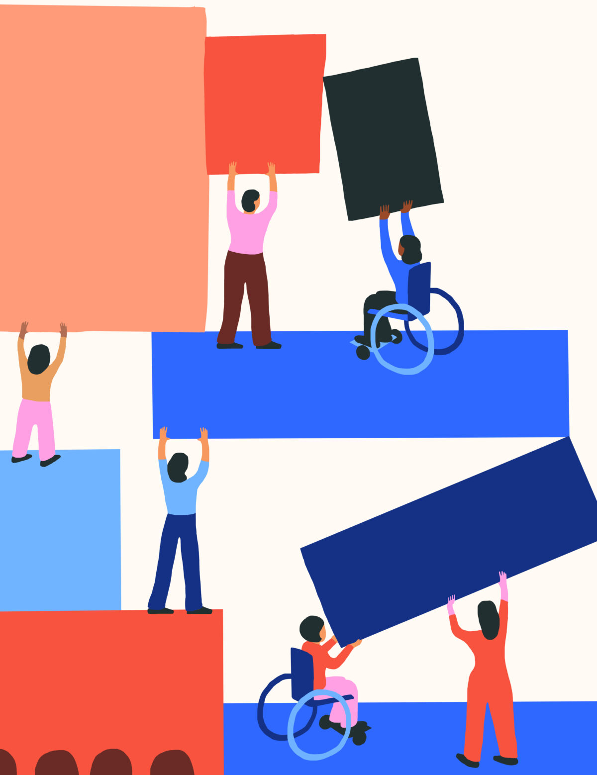 An illustration of people with and without disabilities, some standing and some in wheelchairs, putting large and colorful building blocks together.