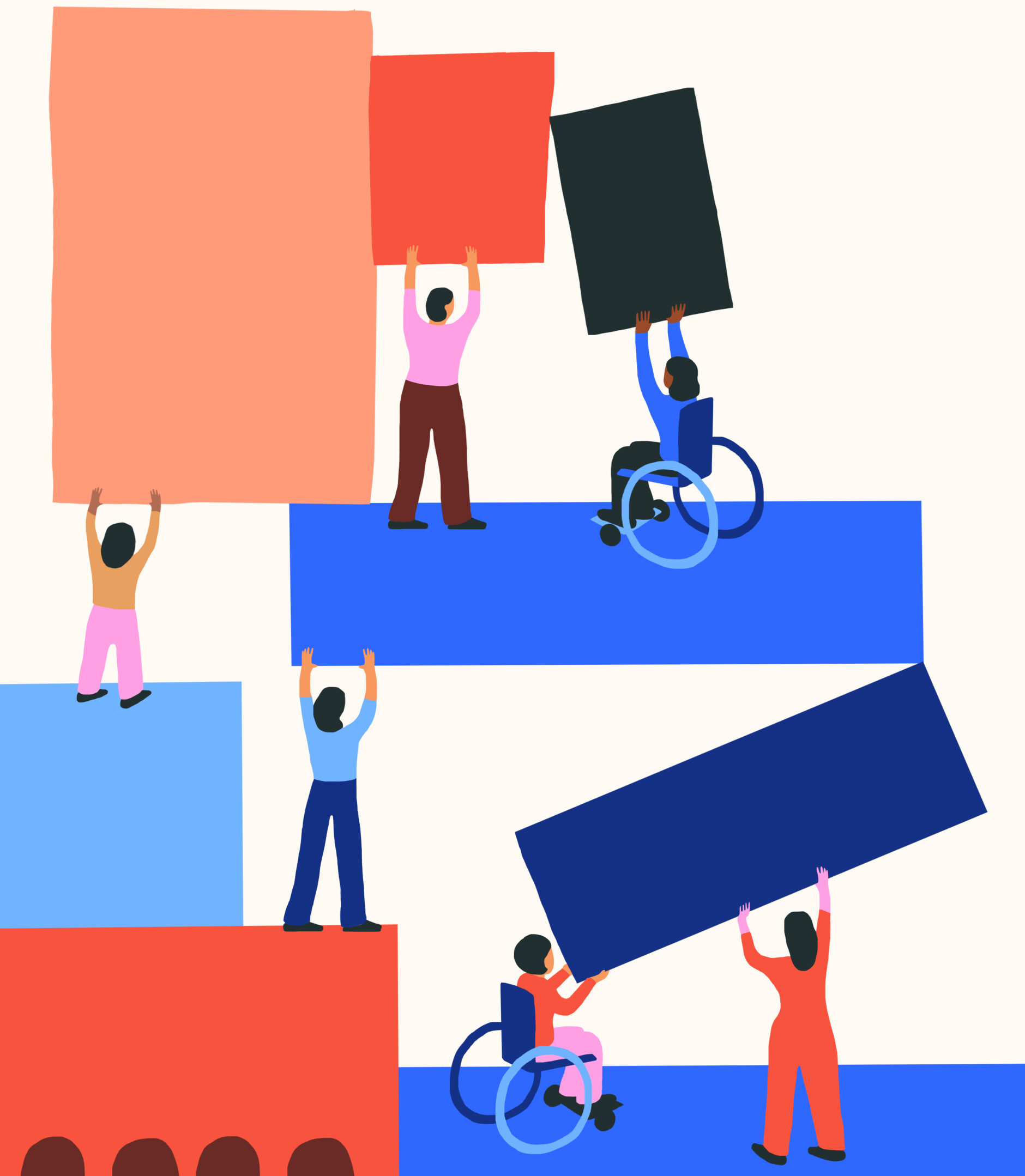 An image of people with and without disabilities, some standing and some in wheelchairs, putting large and colorful building blocks together.