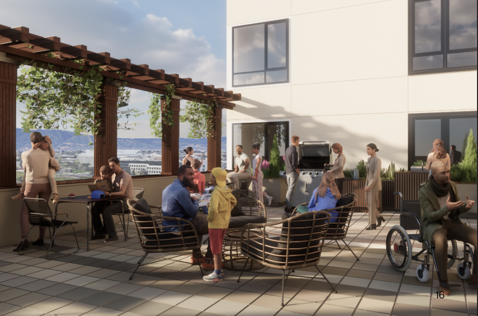 A rendering of a resident terrace with a group of people with and without disabilities on a sunny terrace with a building and blue sky in the background.