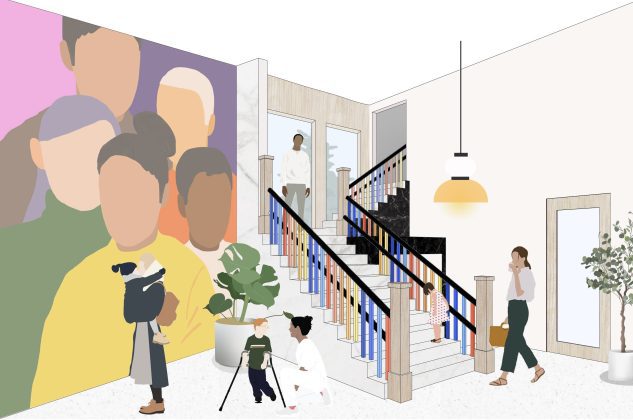 Image of people in a small lobby with a painting representing people of different races on the wall. We see a staircase in the lobby, as well as two people and a child using crutches,