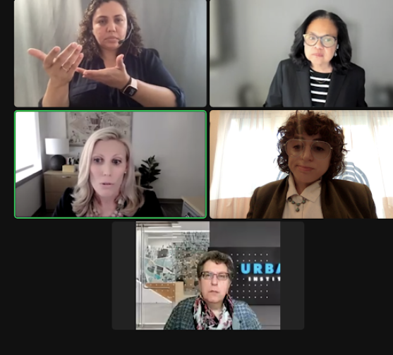 A screenshot of 5 people speaking at the research launch event. The top left person is using ASL.