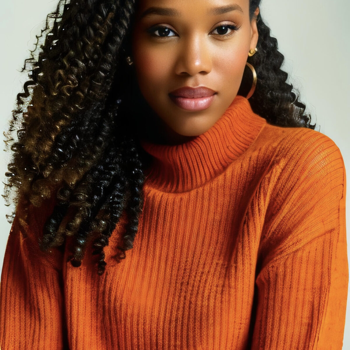 A dark-skinned woman with long, dark, curly hair wearing an orange sweater against a plain background