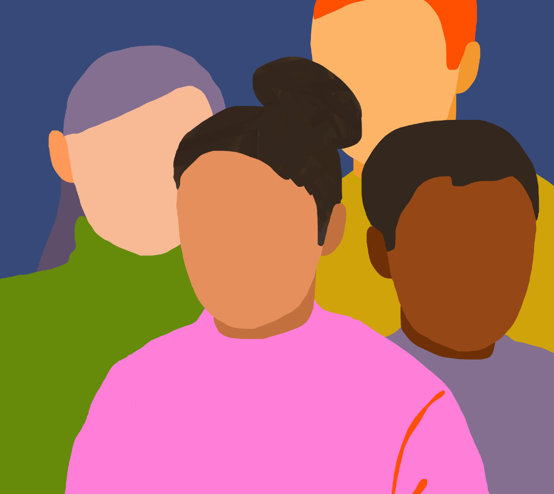 Multicolored graphic representing people of different races. All wear brightly colored clothing.