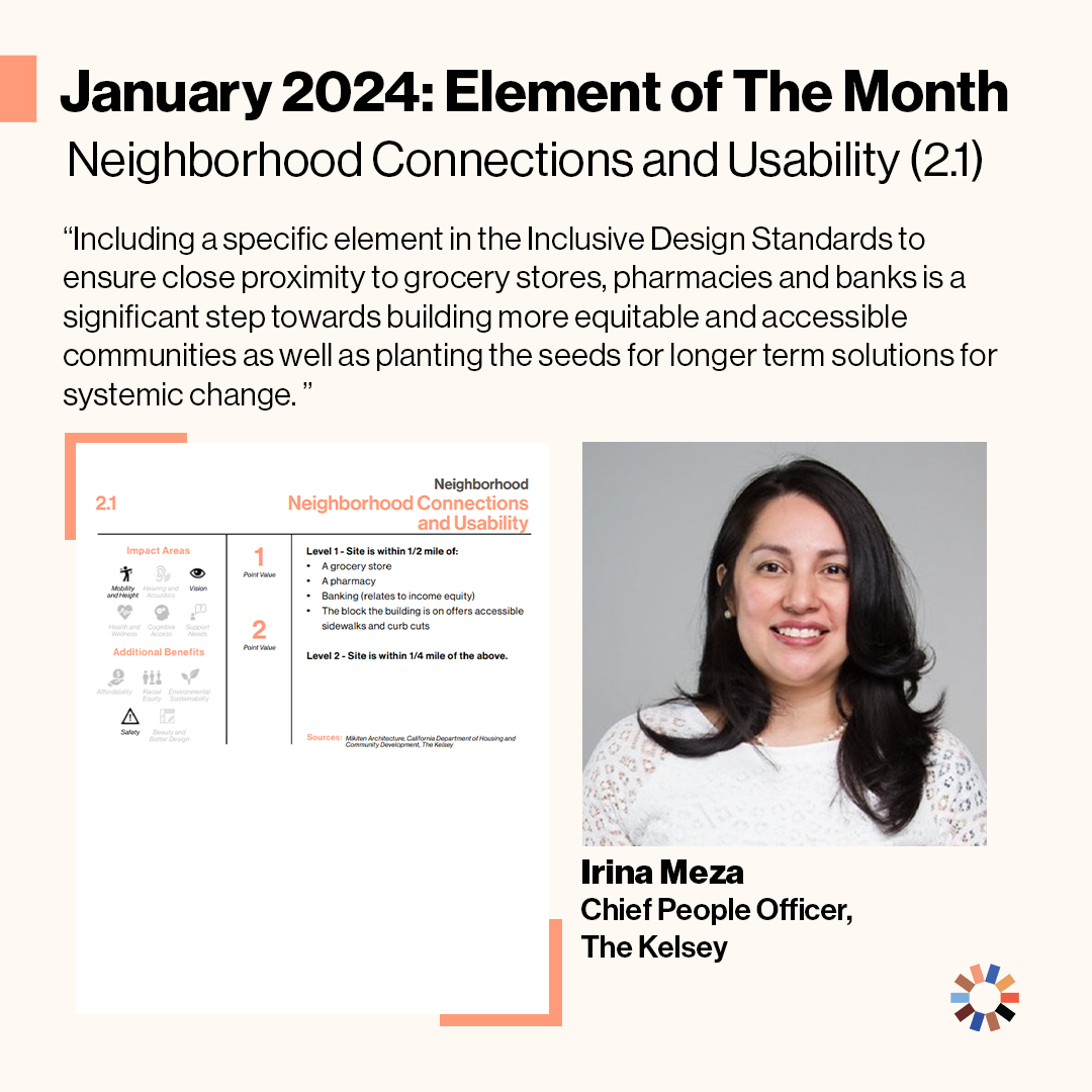 Text on image reads, “January 2024: Element of the Month - Neighborhood Connections and Usability (2.1). Including a specific element in the Inclusive Design Standards to ensure close proximity to grocery stores, pharmacies and banks is a significant step towards building more equitable and accessible communities as well as planting the seeds for longer-term solutions for systemic change.” The Element of The Month is pictured alongside Irina Meza, a medium brown skin tone Chicana woman, with shoulder-length dark brown hair, smiling at the camera. She is wearing a white lace blouse and is standing against a gray background.