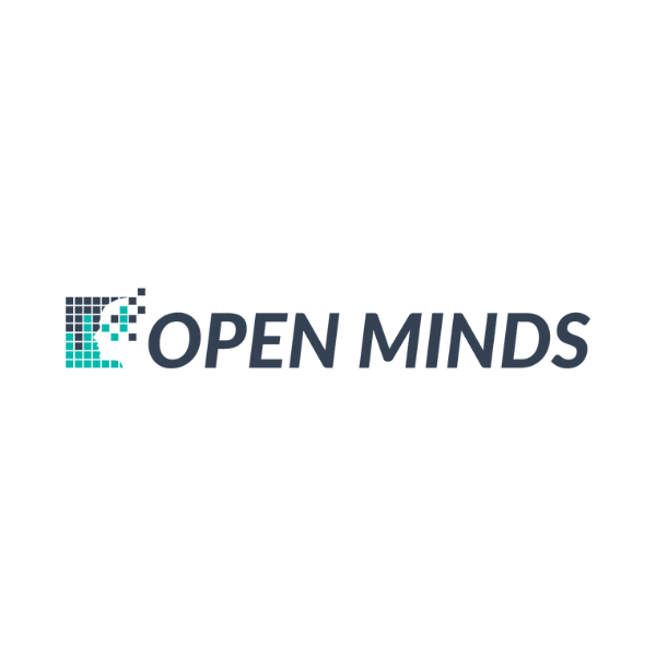 Logo for Open Minds. Logo reads "Open Minds" with an image of the outline of a person's head made up of squares.