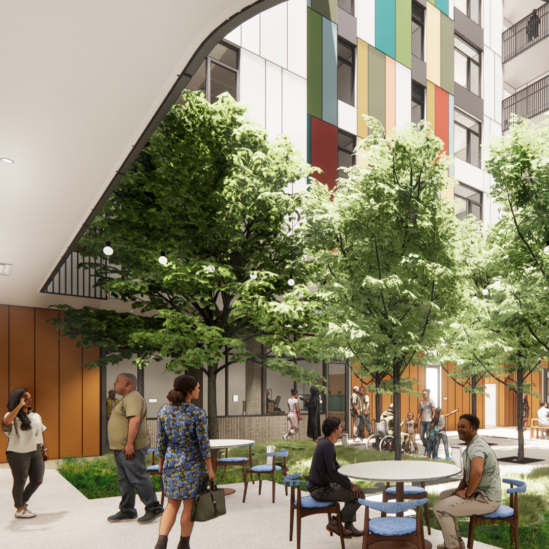 A rendering of the courtyard at The Kelsey Civic Center, with people with and without disabilities sitting and walking through it, is also included.