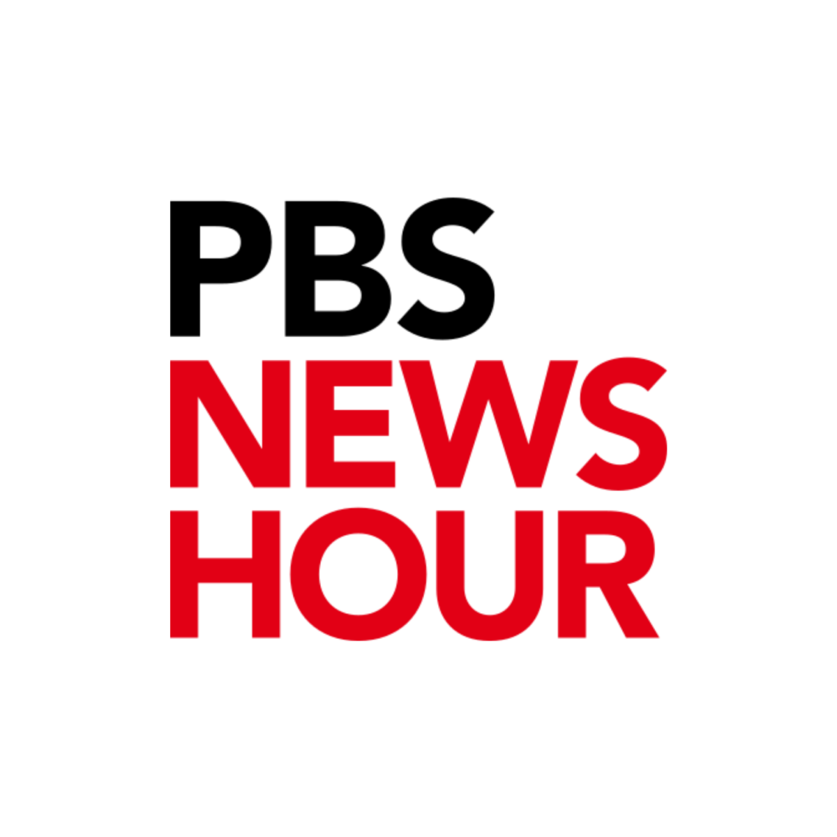 The logo for "PBS News Hour." The letters "PBS" are written in black, while the words "news" and "hour" are written in red.