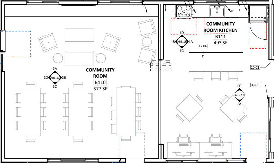 ID: A floorplan of 38th Avenue Apartments’ community room and community kitchen. 