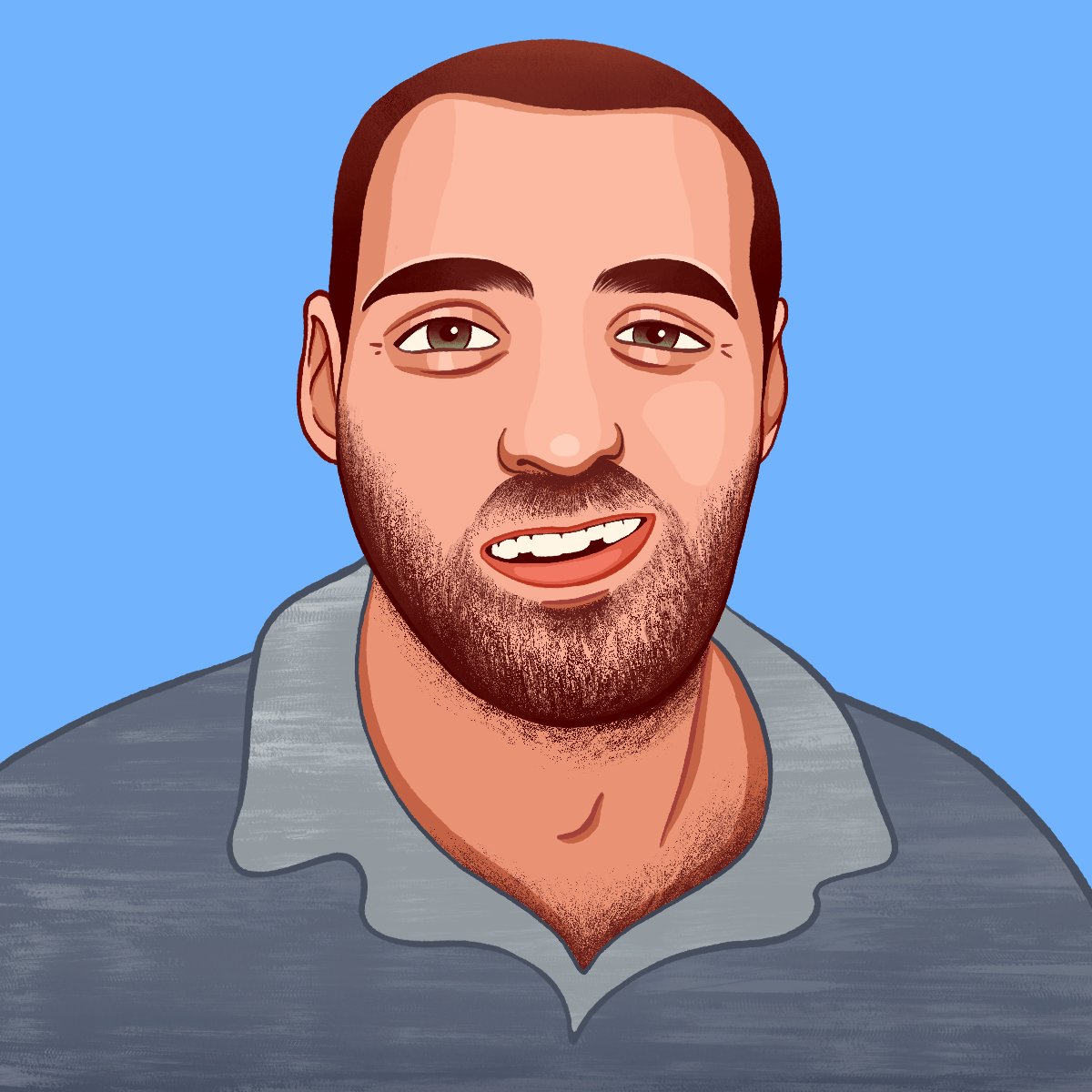 An animated illustration of Allen Hines,a light-skinned person with dark hair and a beard. He is wearing a gray polo shirt.