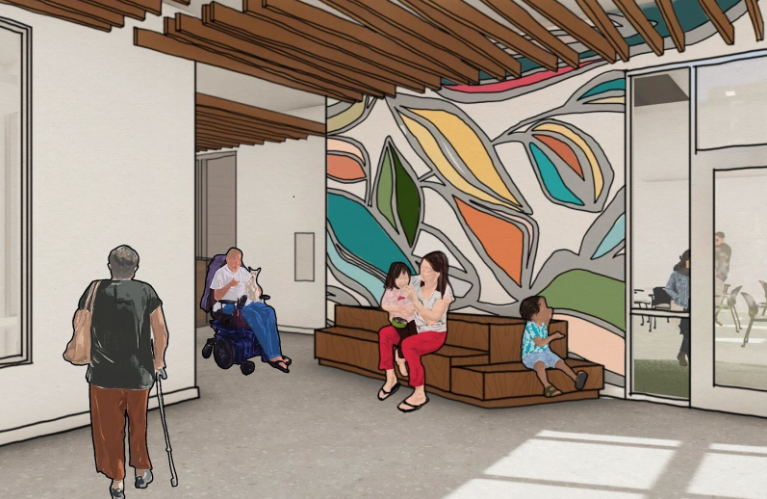 A rendering of people with and without disabilities sitting on a bench and wheeling through a community space inside an apartment building. 