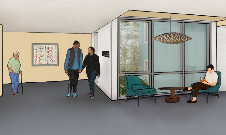 A rendering of people in a corridor. A couple walks through, one person uses a cane to pass through, and one sits at a window reading. 