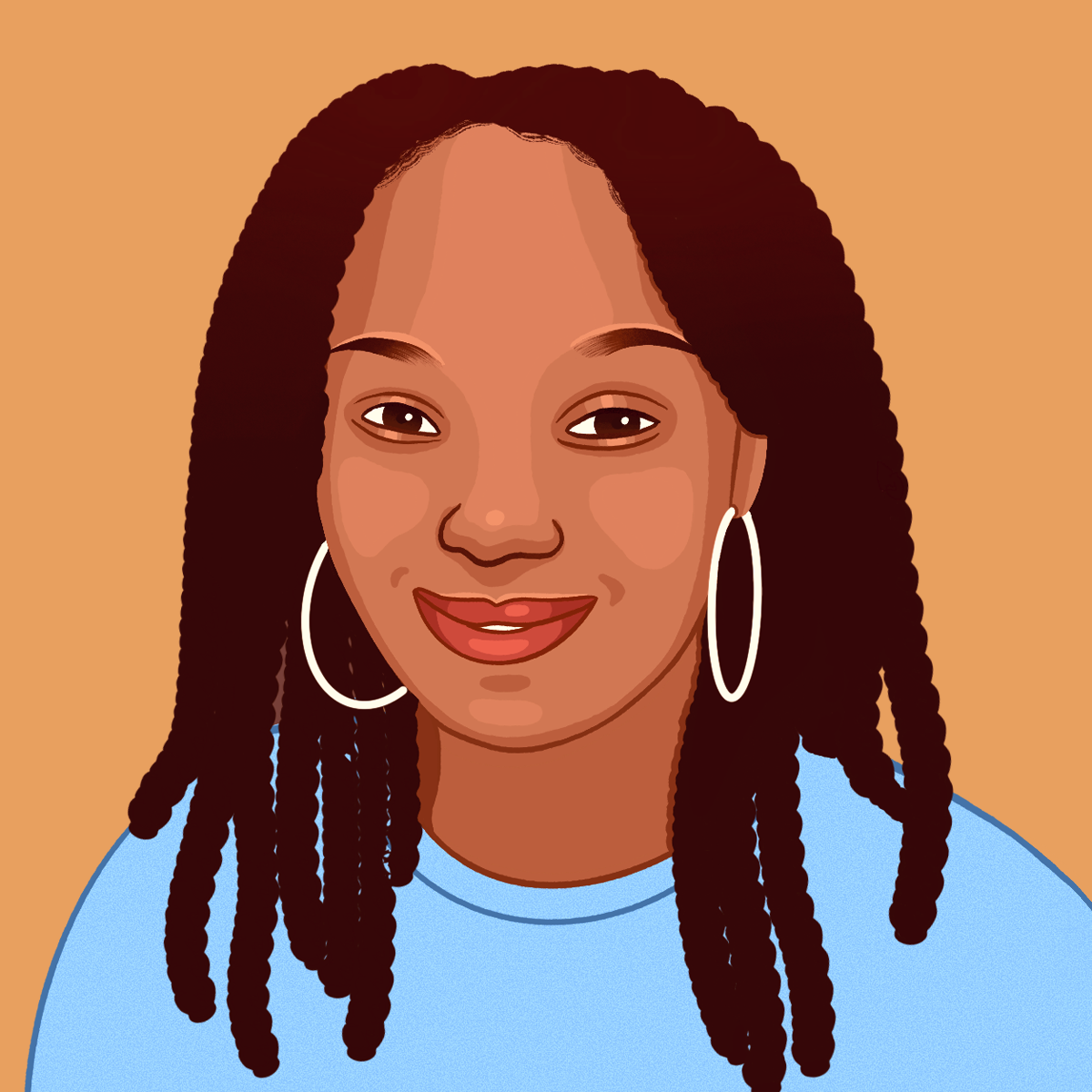 An animated picture of Domonique Howell, a dark-skinned person with long, dark locs. She is wearing silver hoop earrings and a blue t-shirt.