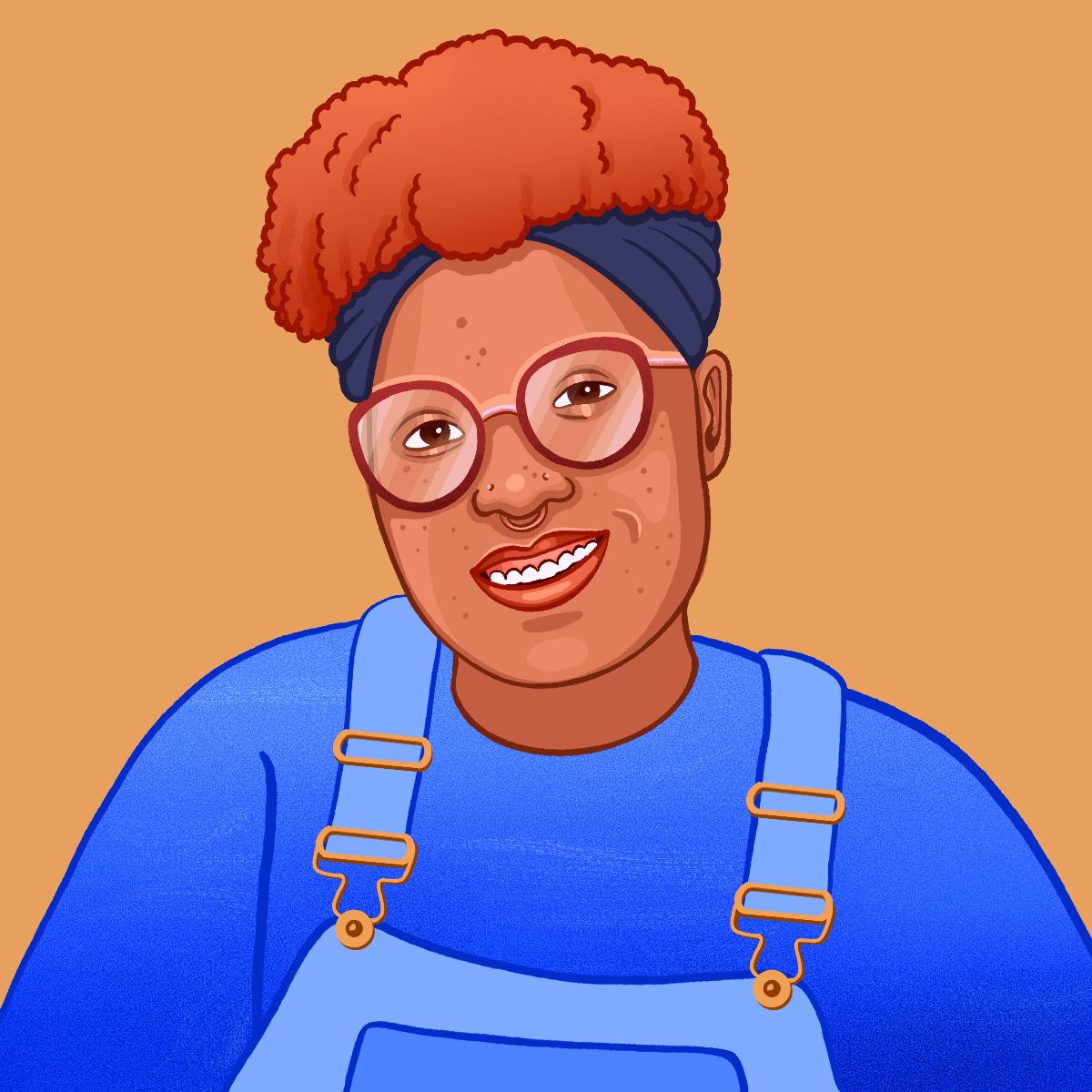 An animated picture pf Felix Jordan, a dark-skinned person wearing glasses, jean overalls, and a colorful shirt underneath. Their hair is light brown and pulled up into a blue headband.