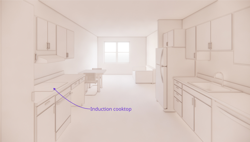A rendering of a unit with an induction cooktop and an arrow pointing to it.