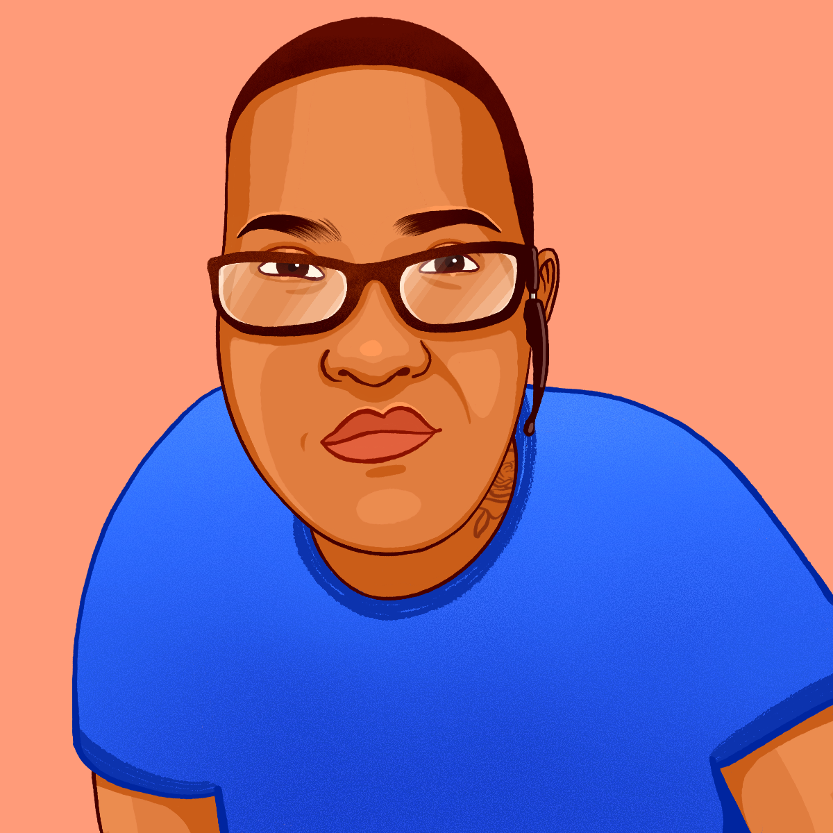 An animated image of Jensen Caraballo, a tan-skinned person with short hair. He is wearing glasses and a blue T-shirt.