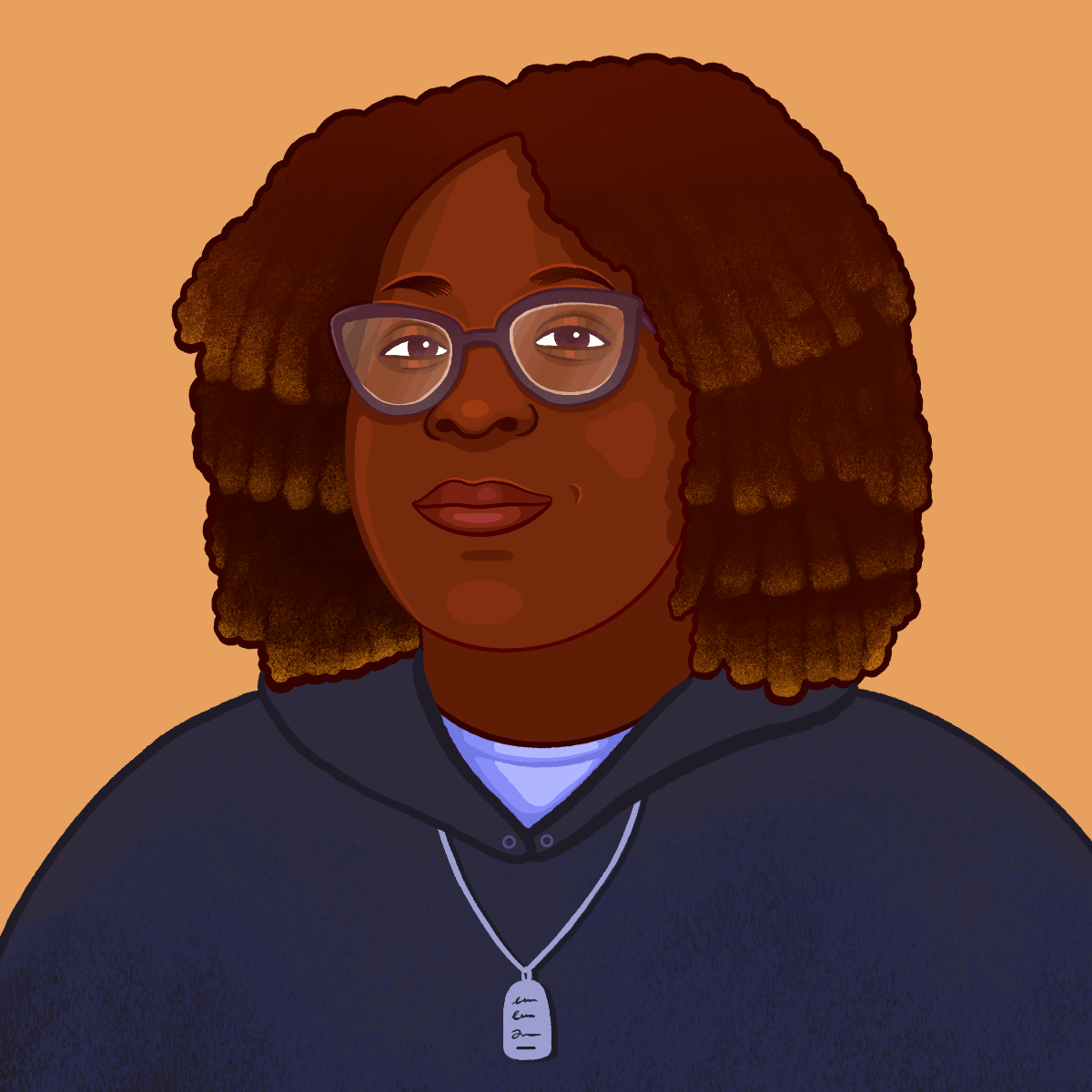 An animated image of Judith Brown, a dark-skinned woman with shoulder-length, curly hair. She is wearing a navy sweatshirt and a silver necklace.