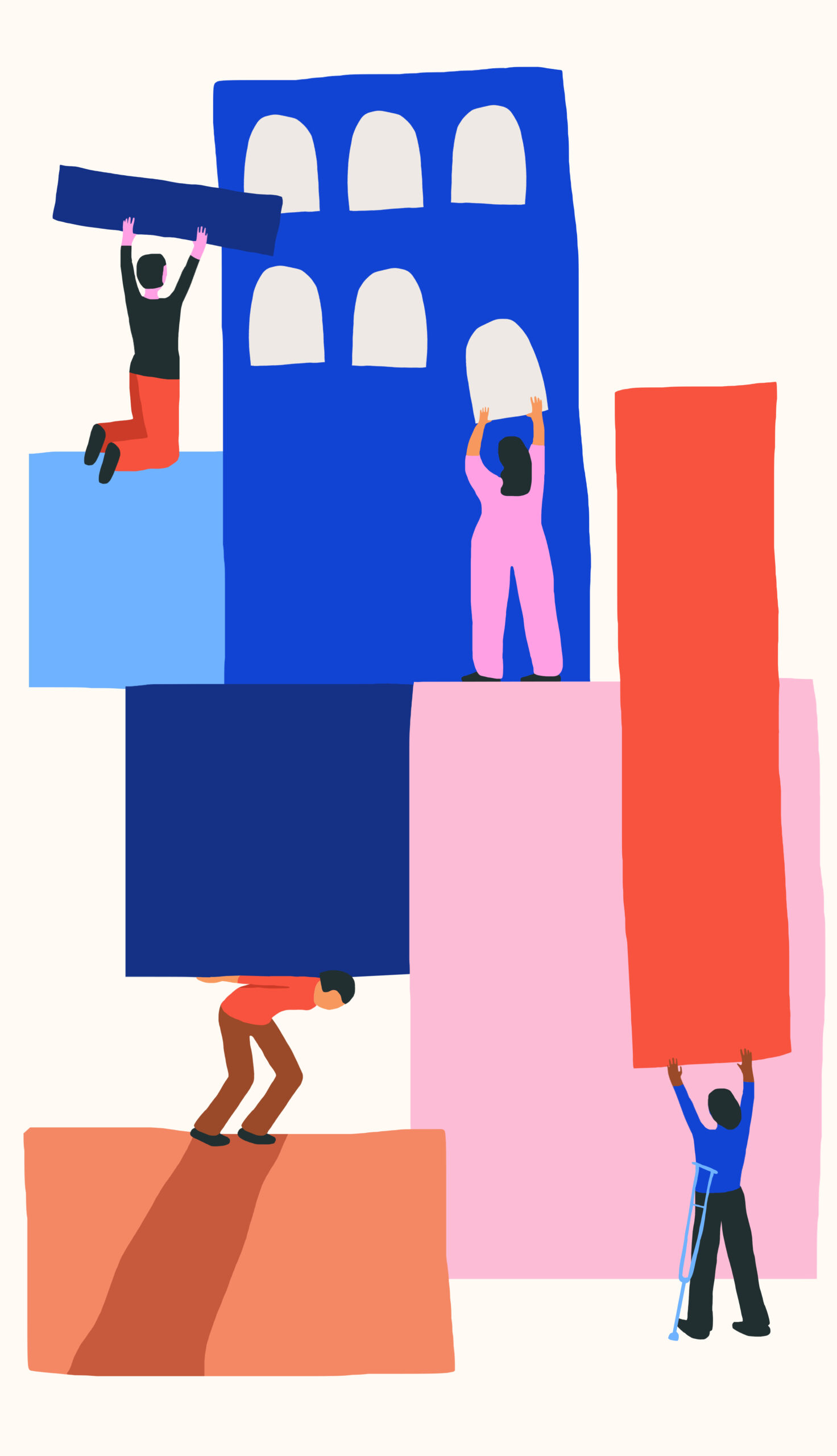 An image of people with and standing and putting large and colorful building blocks together.