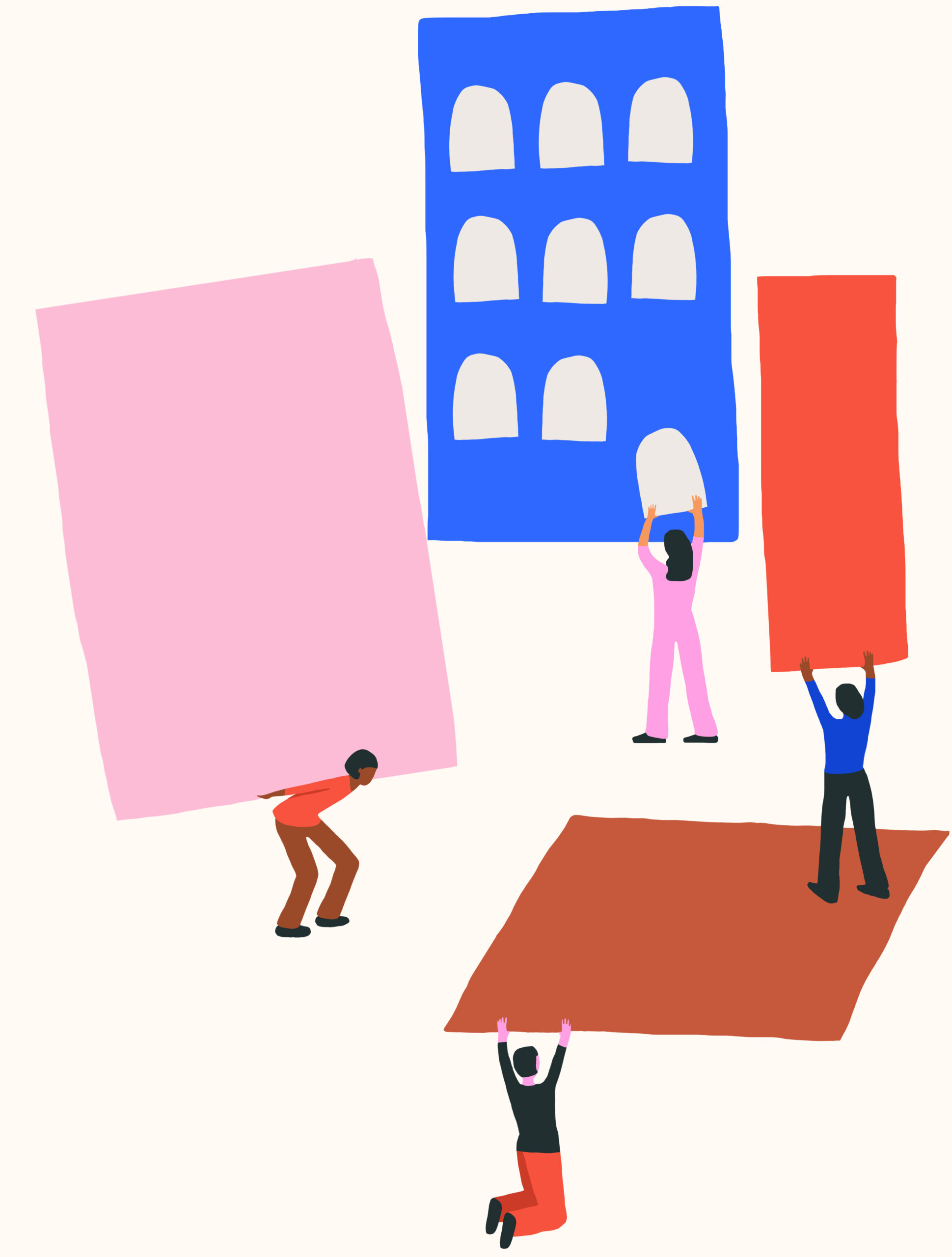 An image of people with and without disabilities, some standing and some in wheelchairs, putting large and colorful building blocks together.