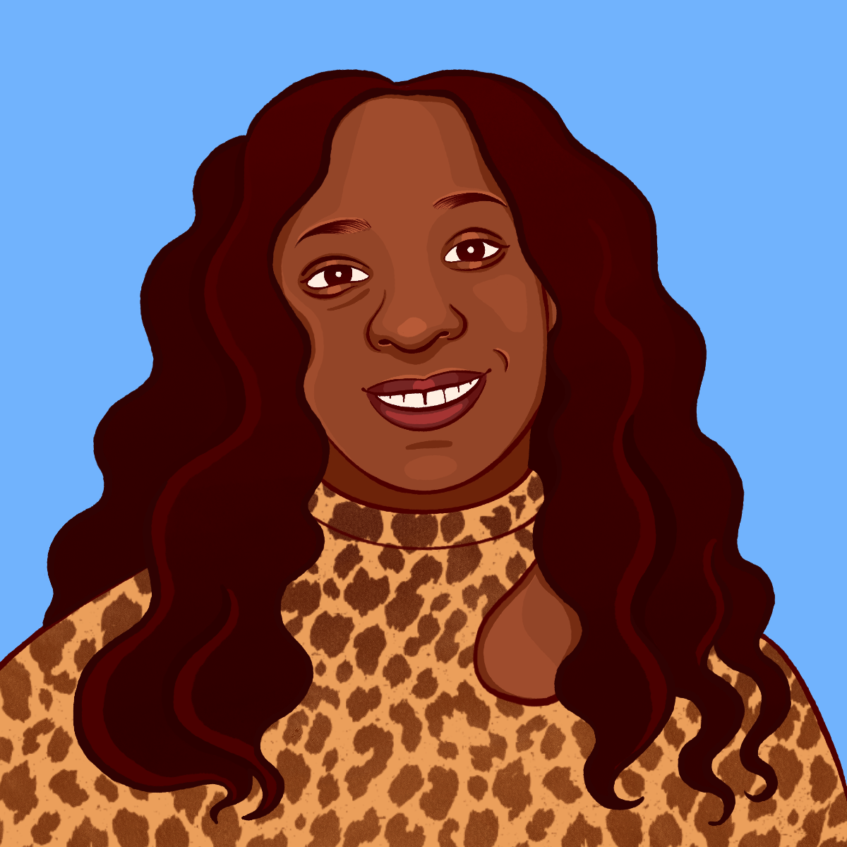 An animated image of LaTangela Foster, a dark-skinned person with long dark hair. She is wearing a leopard print blouse.