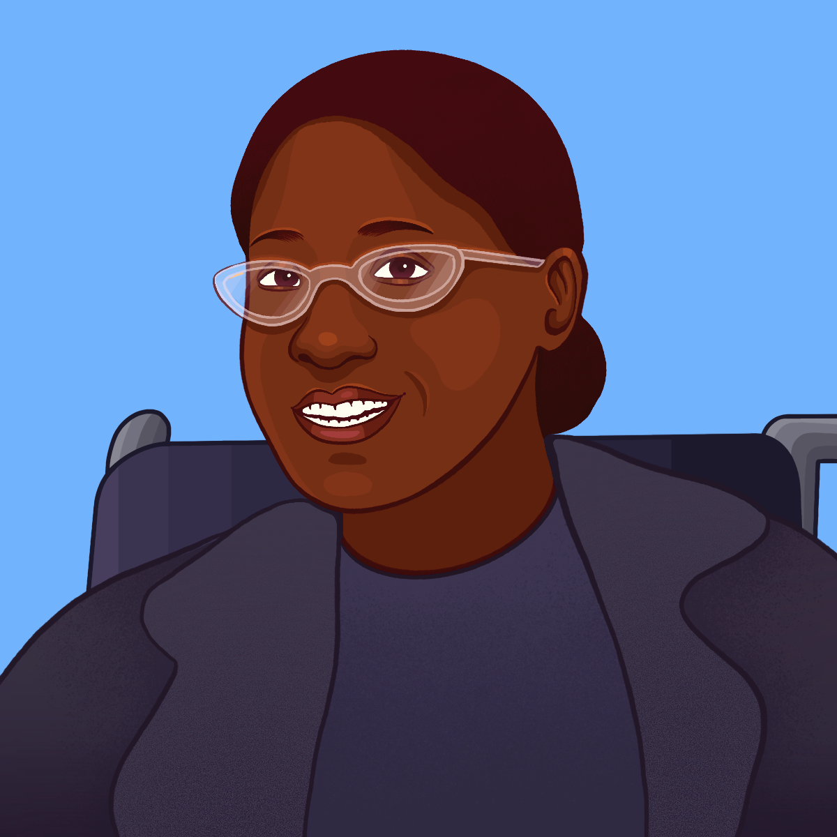 An animated picture of Lisa Cooley, a dark-skinned person wearing glasses with their hair pulled back. She is pictured sitting in a wheelchair. She is wearing a blue shirt and a gray sweater.