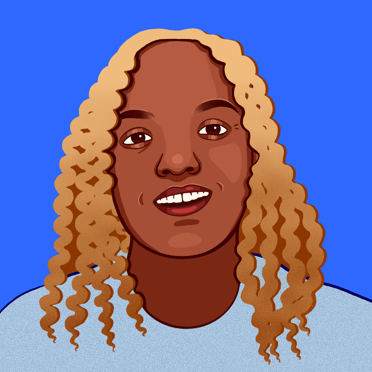 An animated picture of Sandra Conley, a dark-skinned person with blonde, curly hair. She is wearing a blue t-shirt.