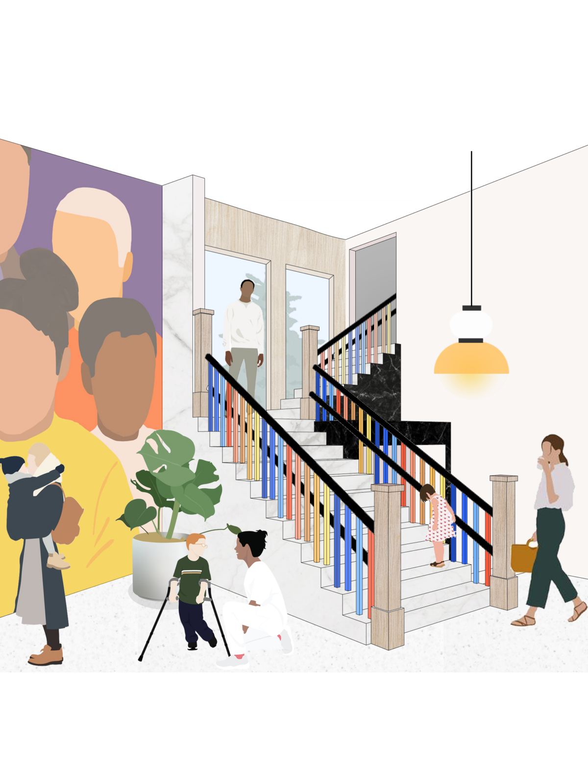 A colorful rendering of a lobby with a large mural on the wall depicting people of different races, and a single staircase with different colored balusters at the right side of the room. Adults and children inhabit the space; one child uses crutches while a woman kneels next to him; an adult stands on the stair landing while another child walks up the stairs; an adult carrying a child looks at the mural; a woman sipping coffee and holding a purse prepares to take the stairs to the second floor. There are plants in the corners of the room and a prominent, hanging light fixture above the base of the stairs.