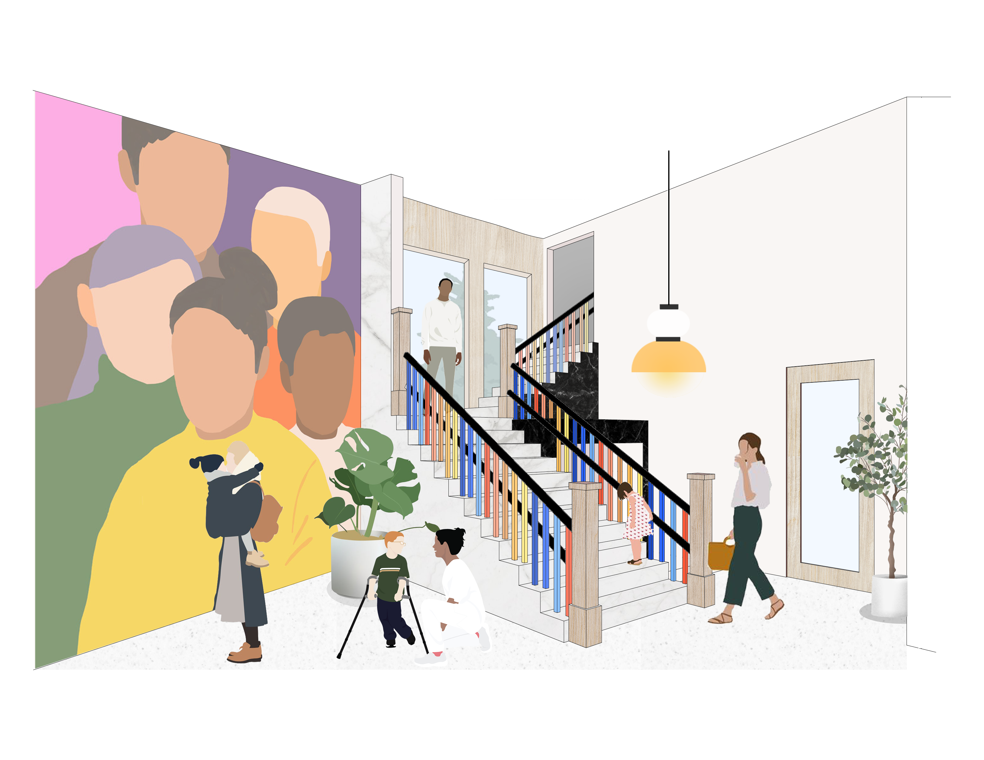 A colorful rendering of a lobby with a large mural on the wall depicting people of different races, and a single staircase with different colored balusters at the right side of the room. Adults and children inhabit the space; one child uses crutches while a woman kneels next to him; an adult stands on the stair landing while another child walks up the stairs; an adult carrying a child looks at the mural; a woman sipping coffee and holding a purse prepares to take the stairs to the second floor. There are plants in the corners of the room and a prominent, hanging light fixture above the base of the stairs.