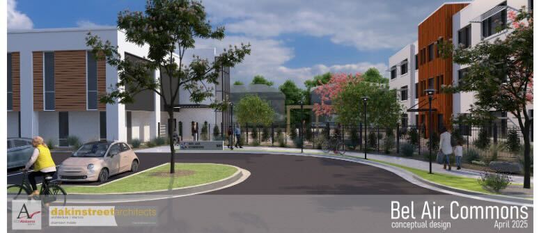 A conceptual design of a community called Bel Air Commons. The design shows multiple buildings with white and brown paneling, greenery around the entrances of the buildings, and people walking and biking around the community.