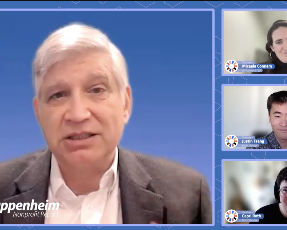 A screenshot from The Nonprofit Report Podcast. The host of the podcast, Mark Oppenheim, and three podcast guests, Micaela Connery, Justin Tsang, and Capri Roth are visible in a blue Zoom layout.