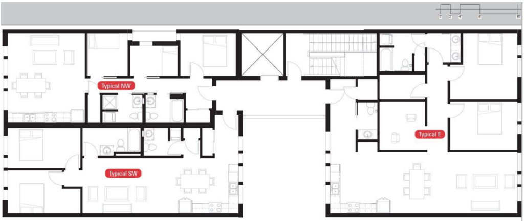 A floor plan of a building showing apartments.