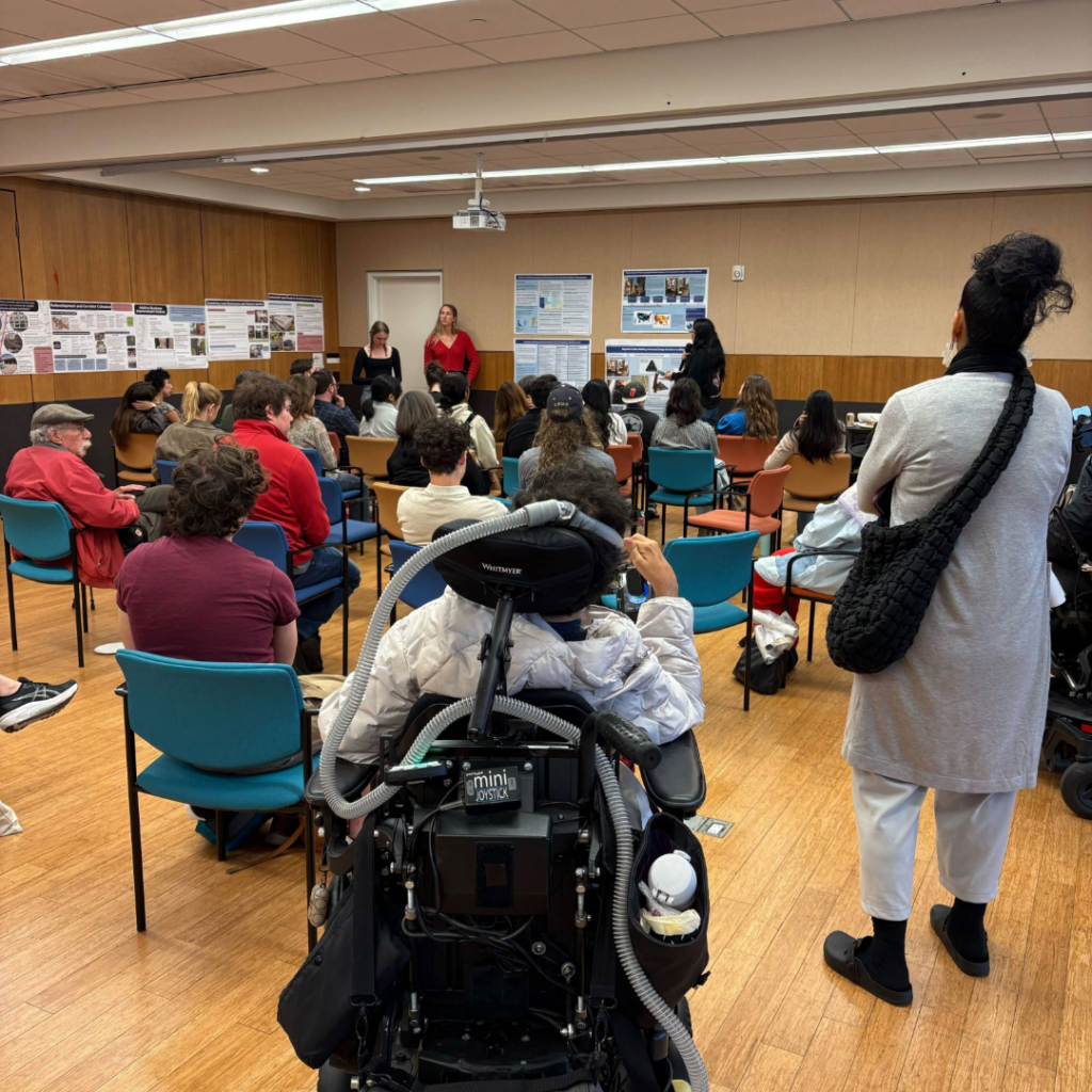 People with and without disabilities watch a presentation in a conference room.
