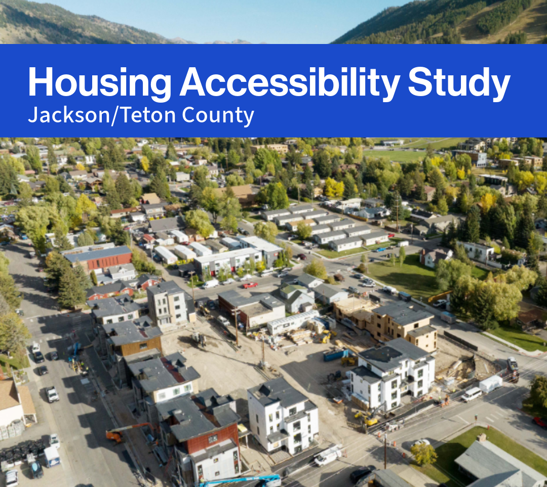The title page of the technical assistance report, “Housing Accessibility Study: Jackson/Teton County.” An aerial view of a suburban town is the cover image.