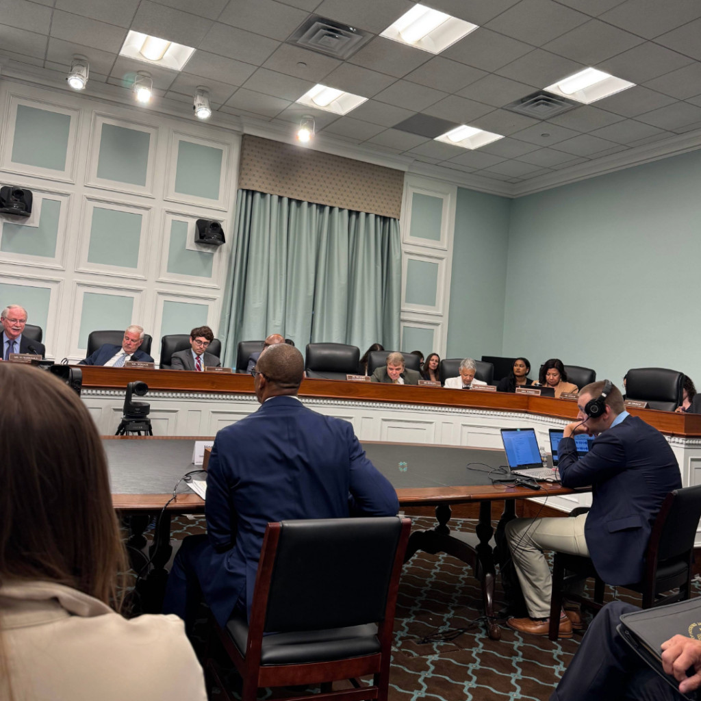 People sit in a hearing room facing a panel of U.S. Congress members.