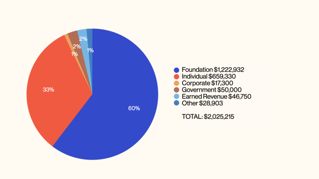 A pie chart shows Revenue from different sources: $1,222,932 from Foundation (60%); $659,330 from Individual (33%); $17,300 from Corporate (1%); $50,000 from Government (2%); $46,750 from Earned Revenue (2%); and $28,903 from Other sources (1%). The total revenue is $2,025,215.