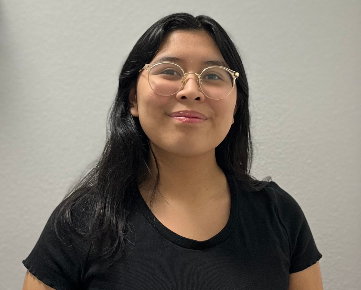 Headshot of a Chicana woman with glasses wearing a short-sleeved black shirt with black medium-length hair smiling in front of a gray background.