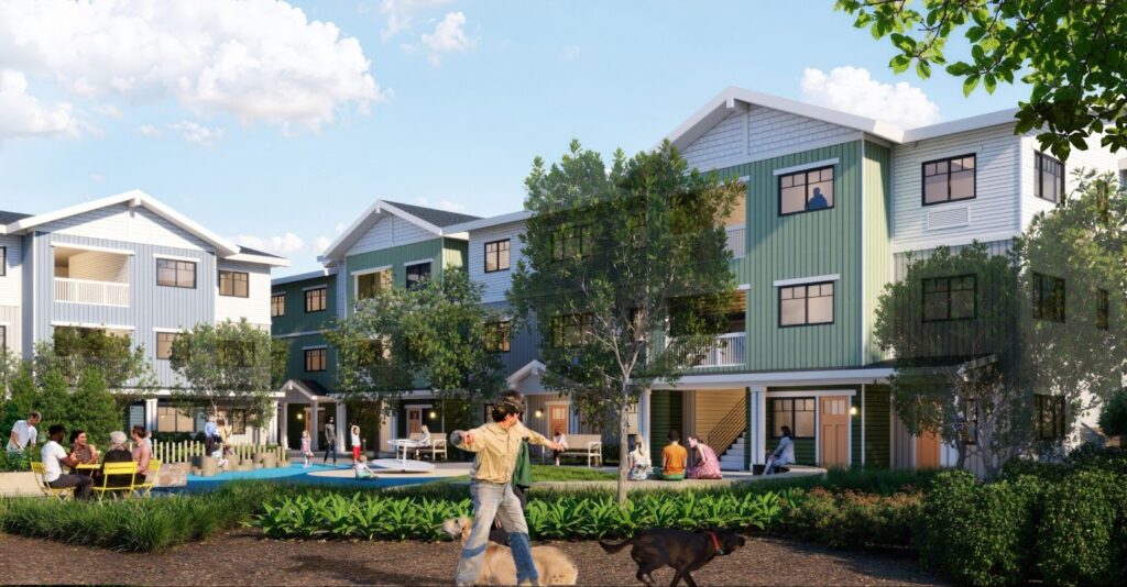 A rendering of an outside courtyard with greenery, tables, patio seating, and play areas. People play with their pets, children play, and people talk in groups.