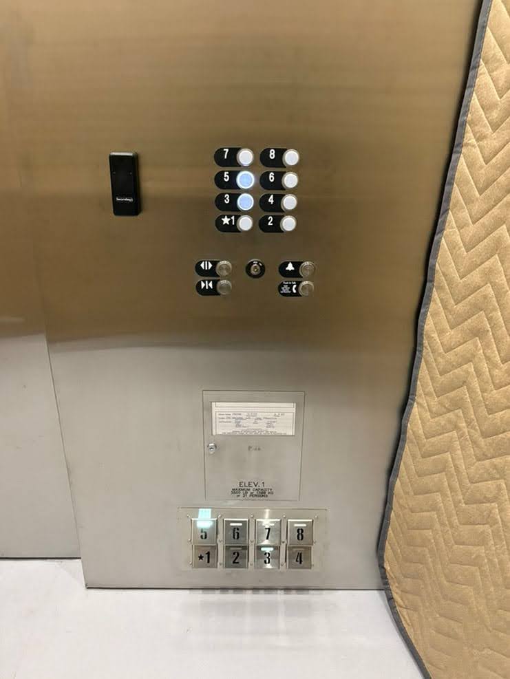 Elevator buttons and elevator foot controls on the inside of an elevator at The Kelsey Civic Center. 